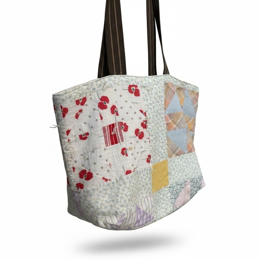 Handmade Tote Bag Oversized Upcycled Vintage Quilt Two-Sided With Canvas Lining